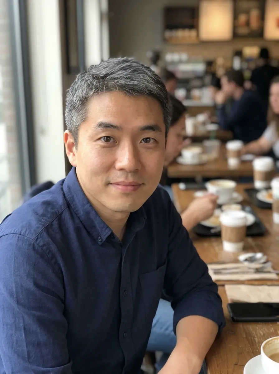 Original selfie input — man in a blue button-down shirt at a cafe